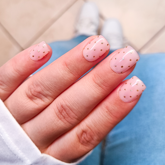 DOTTY Unghie finte rosa nude con pois dorati