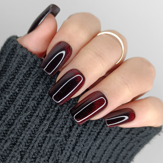 RED ECLIPSE unghie finte press on nero con cat eye rosso