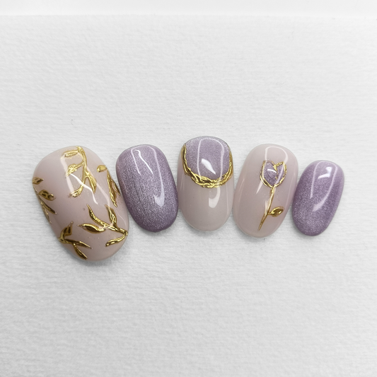 GOLDEN LAVENDER Unghie finte press on viola e oro effetto velvet cat eye