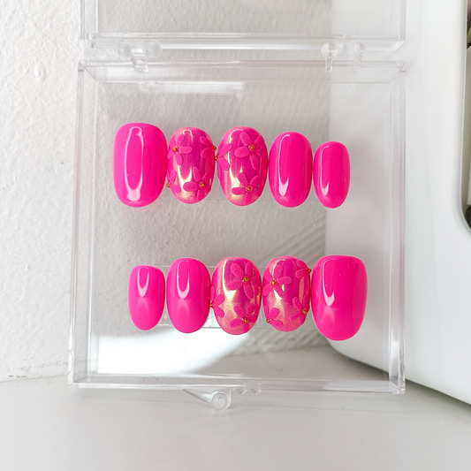 ZEPHYRA unghie finte press on rosa acceso con fiori in rilievo