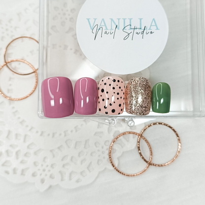 Set unghie finte press on rosa oro verde