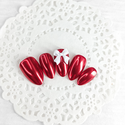 Rosso cromato con fiocco bianco unghie finte press on Natale