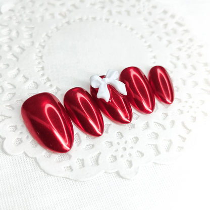 Rosso cromato con fiocco bianco unghie finte press on Natale